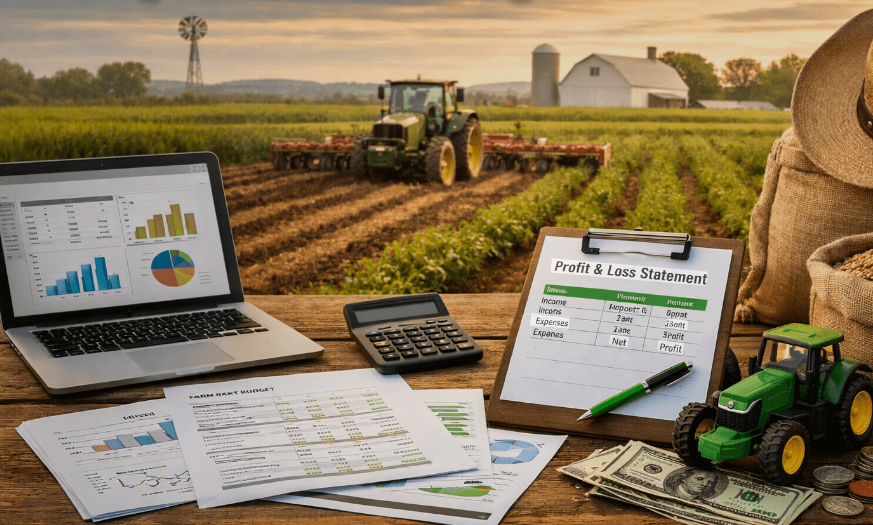 Agricultural financial reporting with farm profit and loss, budget reports, calculator, equipment, and crop production context