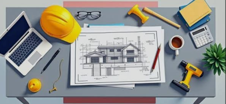 Construction plans with laptop, hard hat, calculator, tools, and building blueprint