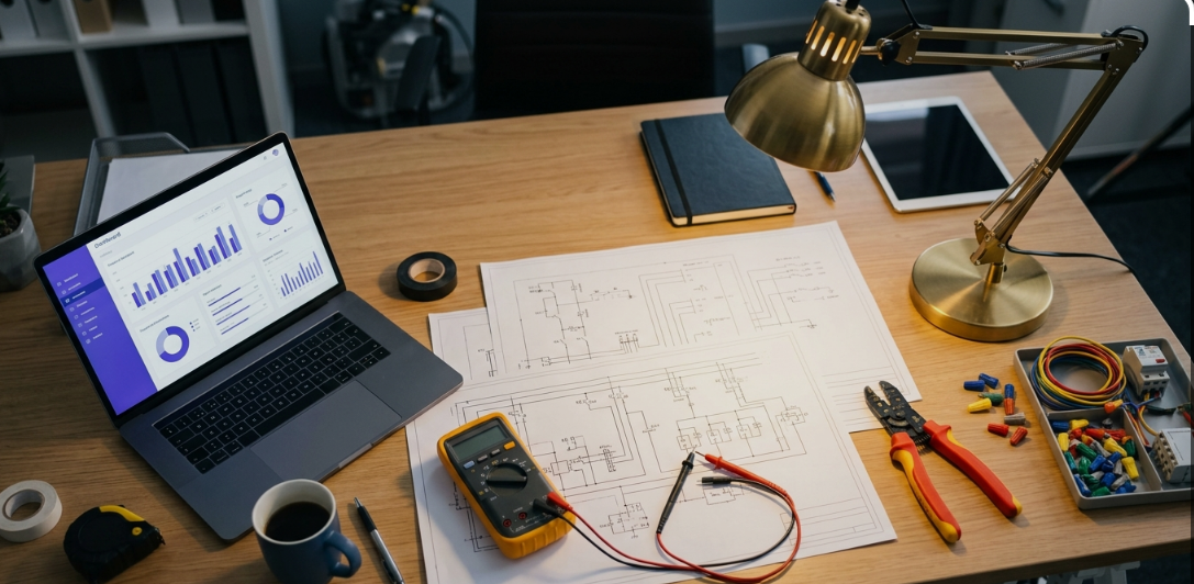 Electrical business accounting visual showing dashboards, reporting, and service workflow
