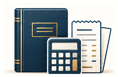 Accounting records, calculator, and financial documents illustration