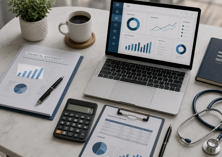 Health and wellness financial reporting with business dashboard, financial statements, calculator, and clinical service context