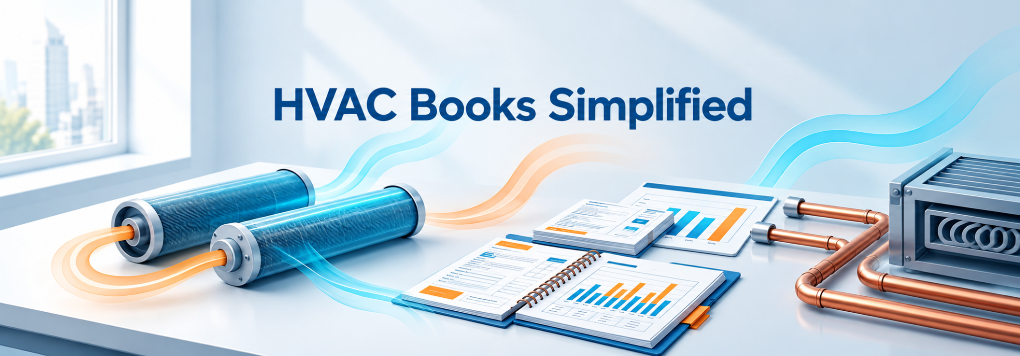 HVAC Books Simplified graphic showing HVAC equipment, airflow, bookkeeping reports, and financial charts