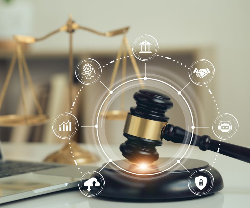 Law firm accounting and legal technology visual with gavel, scales of justice, and business systems icons