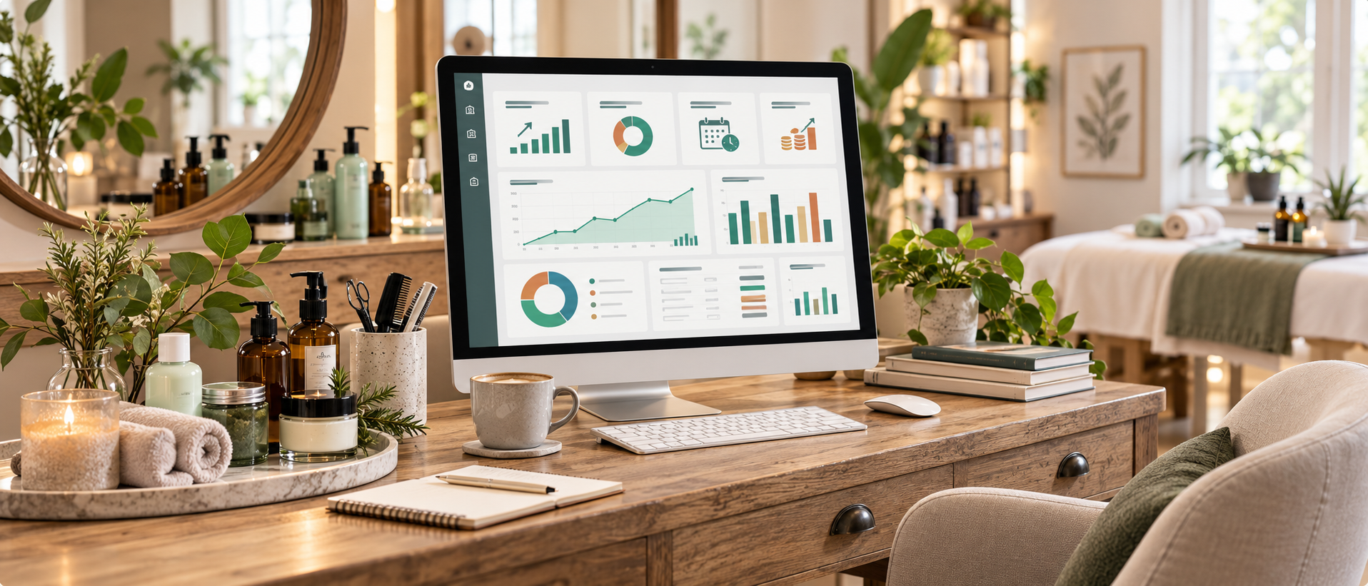 Personal care business analytics dashboard shown in a warm spa and salon setting