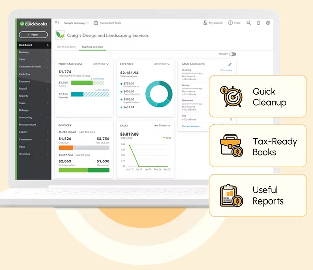 QuickBooks bookkeeping dashboard showing cleanup, tax-ready books, and useful reports