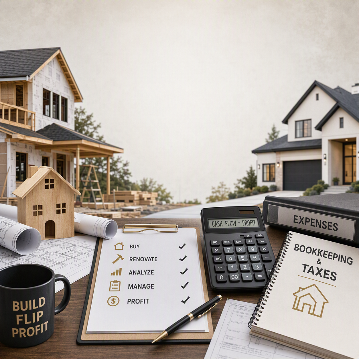 Real estate accounting visual showing property finance, renovation planning, and investment reporting